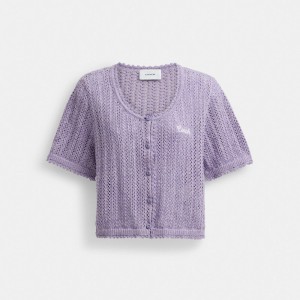 Coach Cropped Knit Button Up Top Viola | COH866007