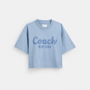 Coach Cursive Signature Cropped T Shirt Blu | COH865993