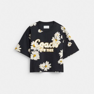Coach Floral Cropped Signature Script T Shirt In Organic Cotton Nere | COH865998