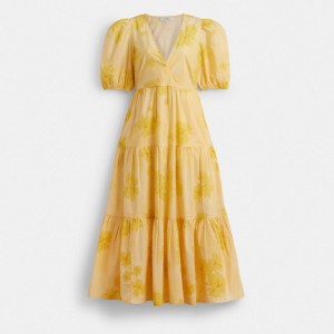 Coach Long Cotton Floral Dress Gialle | COH866067