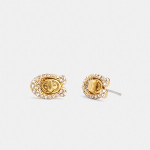 Coach Pavé Signature Turnlock Stud Earrings Oro | COH866219