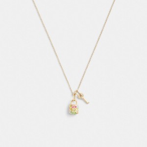 Coach Rainbow Quilted Padlock Key Pendant Necklace Oro Colorate | COH866143
