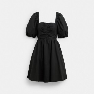 Coach Short Dress With Puff Sleeves In Organic Cotton Nere | COH866068
