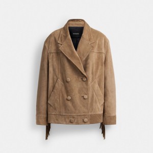 Coach Suede Fringe Jacket Beige Scuro | COH865936