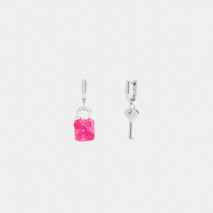 Coach Tea Rose Padlock And Key Mismatch Huggie Earrings Argento Rosa | COH866215