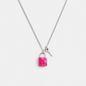 Coach Tea Rose Padlock And Key Pendant Necklace Argento Rosa | COH866212