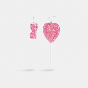 Coach The Lil Nas X Drop Cat And Heart Lollipop Mismatch Earrings Argento Rosa | COH866114