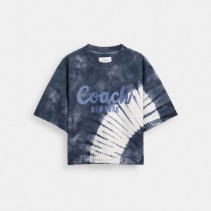 Coach Tie Dye Cursive Signature Cropped T Shirt In Organic Cotton Blu Marino Colorate | COH866006