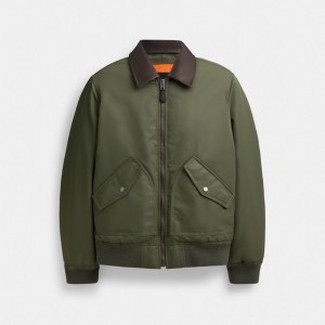 Coach Woven Jacket With Leather Collar Verdi | COH866862